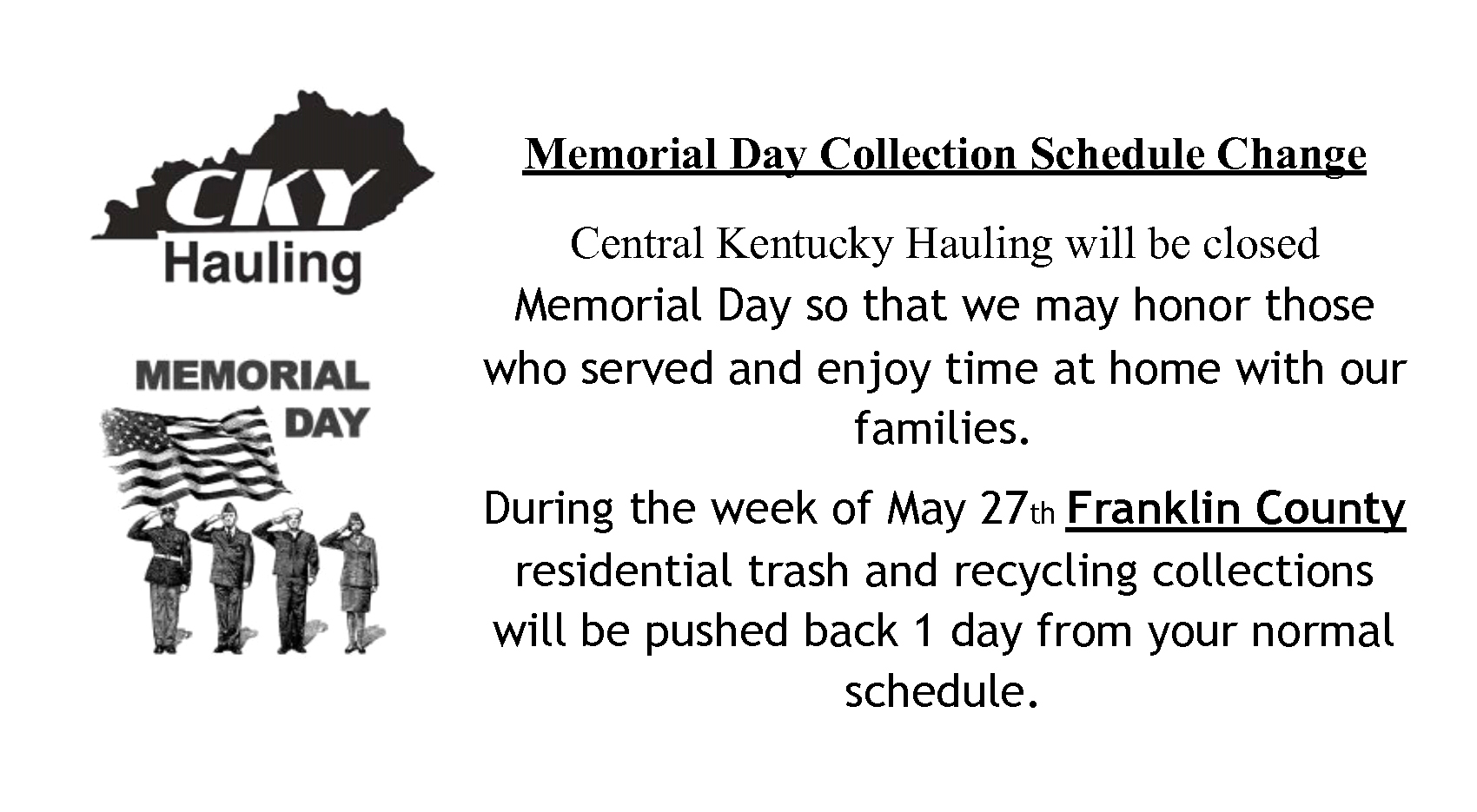 Memorial Day Solid Waste Collection Schedule Change Franklin County