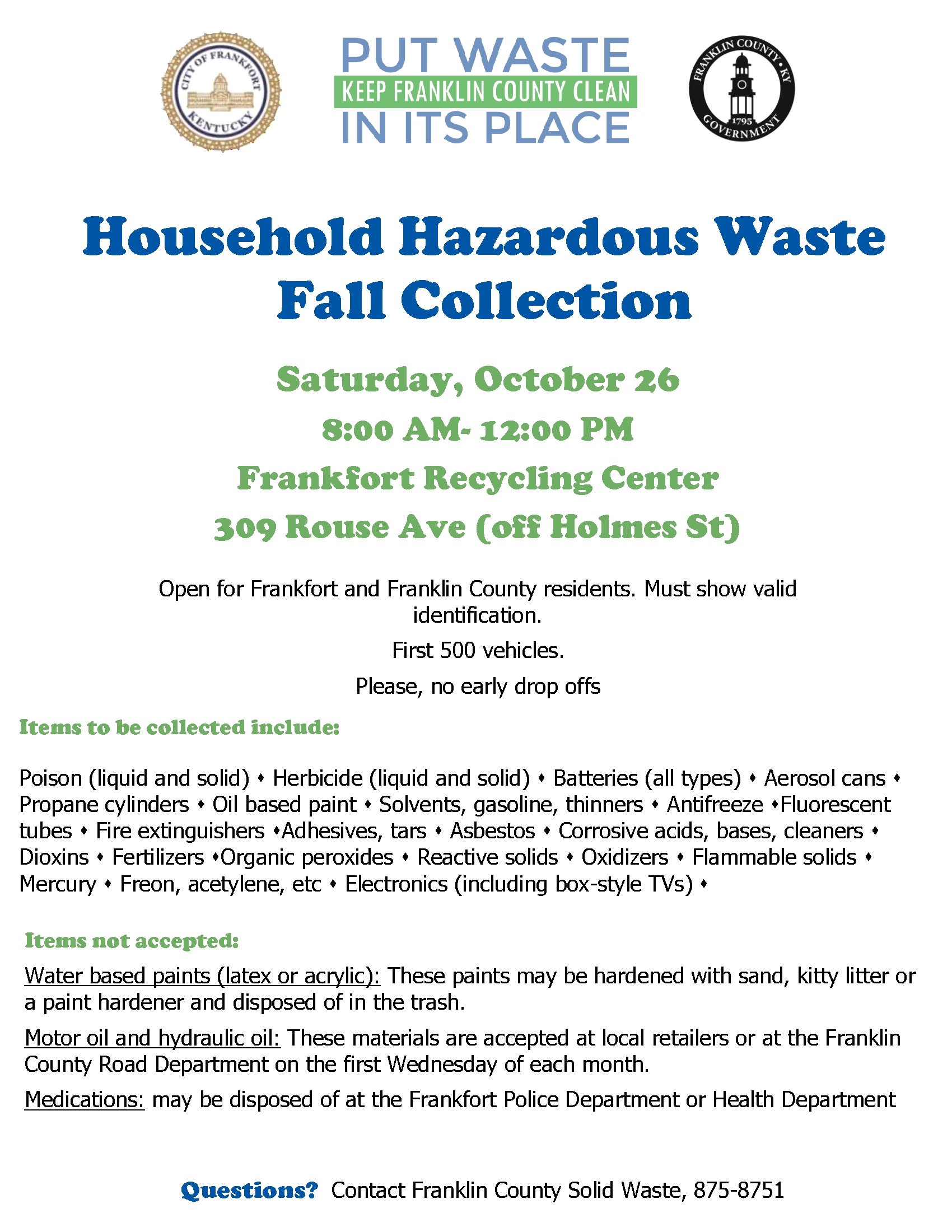 Frankfort/Franklin County Household Hazardous Waste Fall Collection